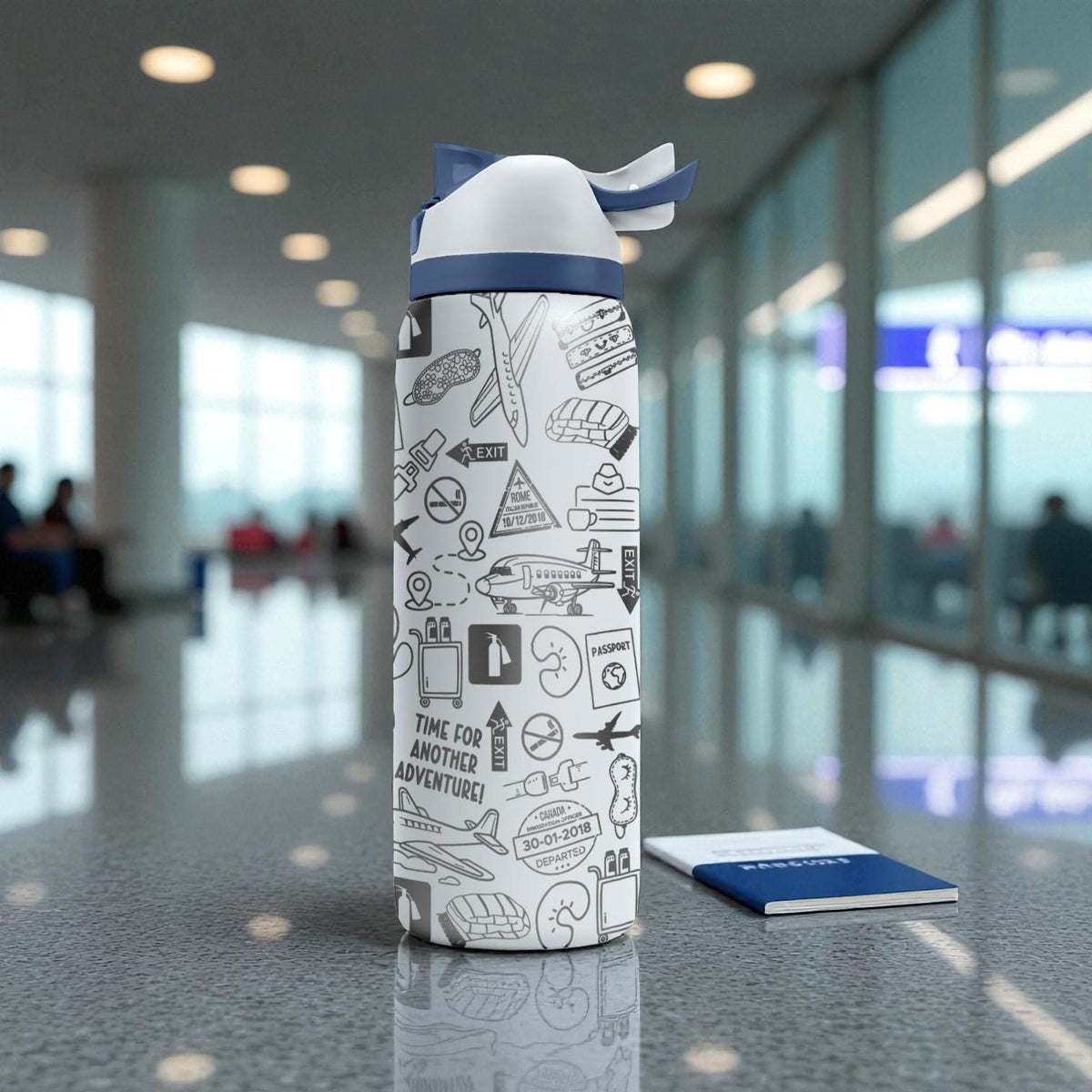 Flight Attendant Engraved Owala Bottle – Aviation Doodle Travel Pattern – Pilot Crew Gift Stainless Cup 16oz 24oz 32oz 40oz  ⸻