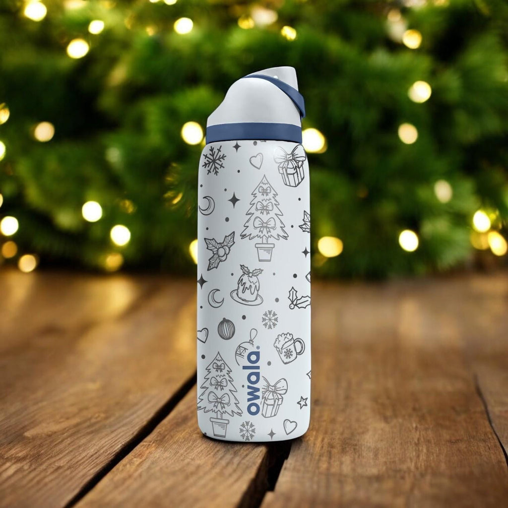 Christmas Tree Engraved Owala Bottle – Cozy Holiday Pattern with Gifts and Snowflakes – Winter Gift Stainless Cup 16oz 24oz 32oz 40oz