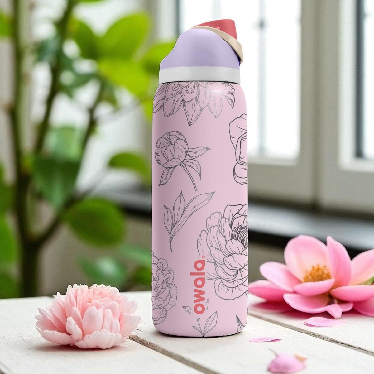 Pink Peony Engraved Owala Tumbler – 16oz 24oz 32oz 40oz Floral Water Bottle – Elegant Gift for Her or Garden Lovers