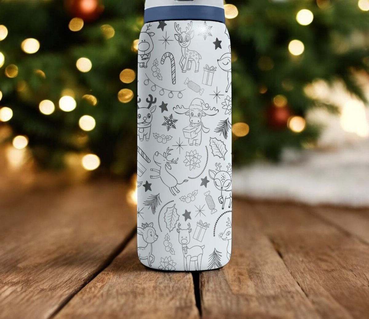 Cute Reindeer Engraved Owala Bottle – Adorable Holiday Pattern with Candy Canes and Gifts – Christmas Gift Stainless Cup 16oz 24oz 32oz 40oz