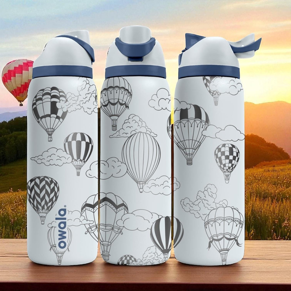 Hot Air Balloon Engraved Owala Tumbler – 16oz 24oz 32oz 40oz FreeSip Cup with Sky and Clouds – Adventure Gift for Her or Him