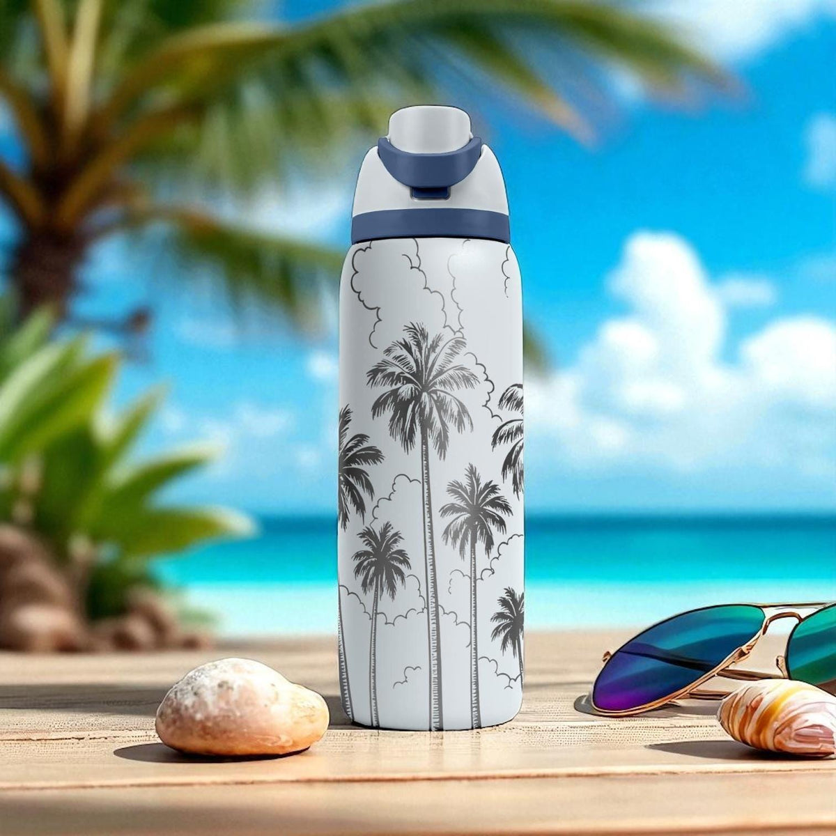 Engraved Palm Tree Tumbler – Owala Water Bottle with Tropical Clouds Design – 16oz 24oz 32oz 40oz
