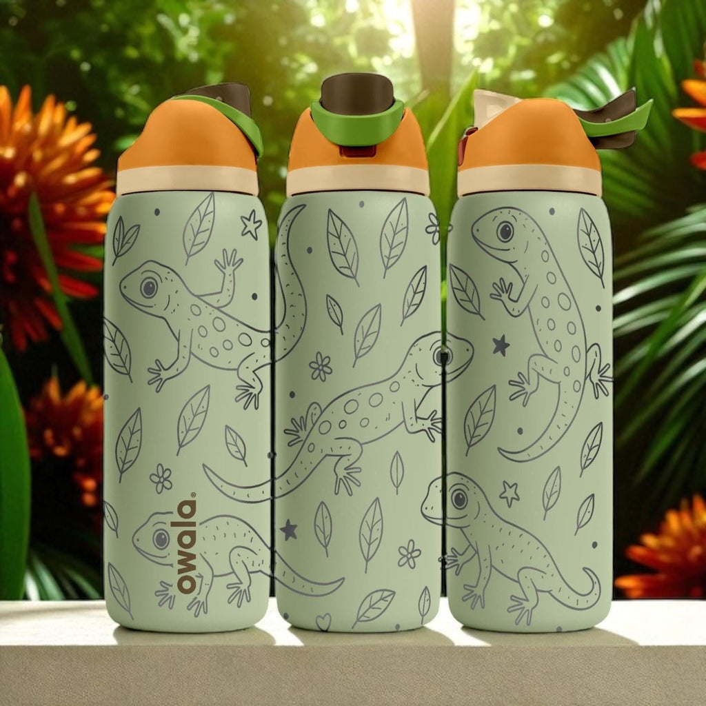 Engraved Chameleon Water Bottle – Owala Tumbler with Jungle Reptile Design – 16oz 24oz 32oz 40oz Gift for Nature and Lizard Lovers