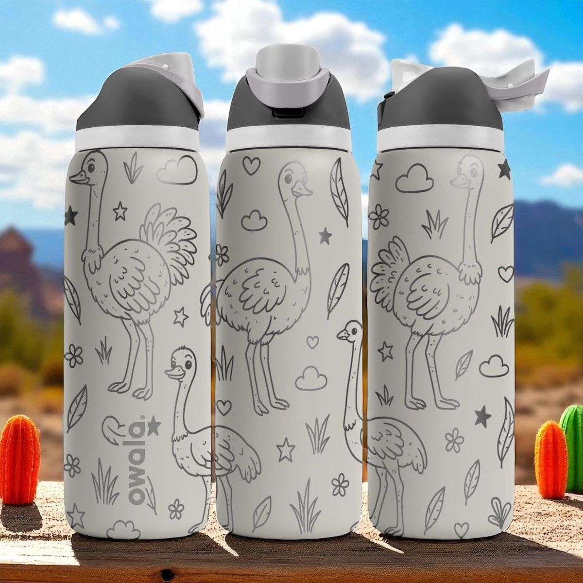 Engraved Ostrich Water Bottle – Fun Owala Tumbler with Stars and Feathers – 16oz 24oz 32oz 40oz Gift for Animal Lovers