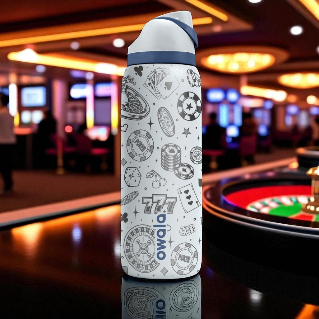 Casino Engraved Owala Tumbler – Poker Dice Roulette 40oz 32oz 24oz Water Bottle – Vegas Lover Gift for Him or Her