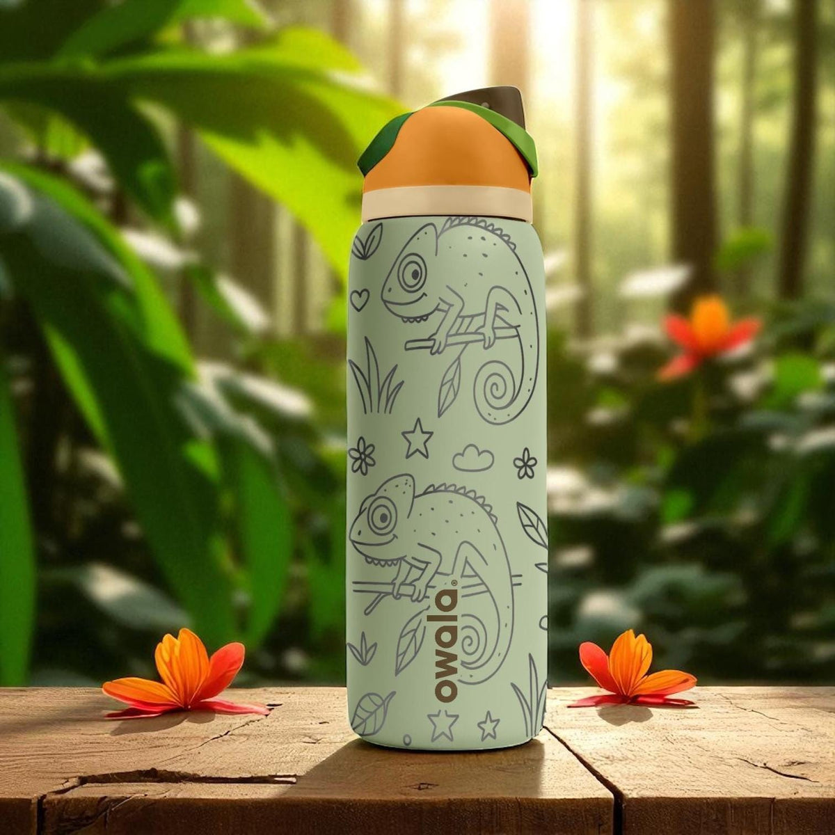 Engraved Chameleon Water Bottle – Owala Tumbler with Jungle Reptile Design – 16oz 24oz 32oz 40oz Gift for Nature and Lizard Lovers