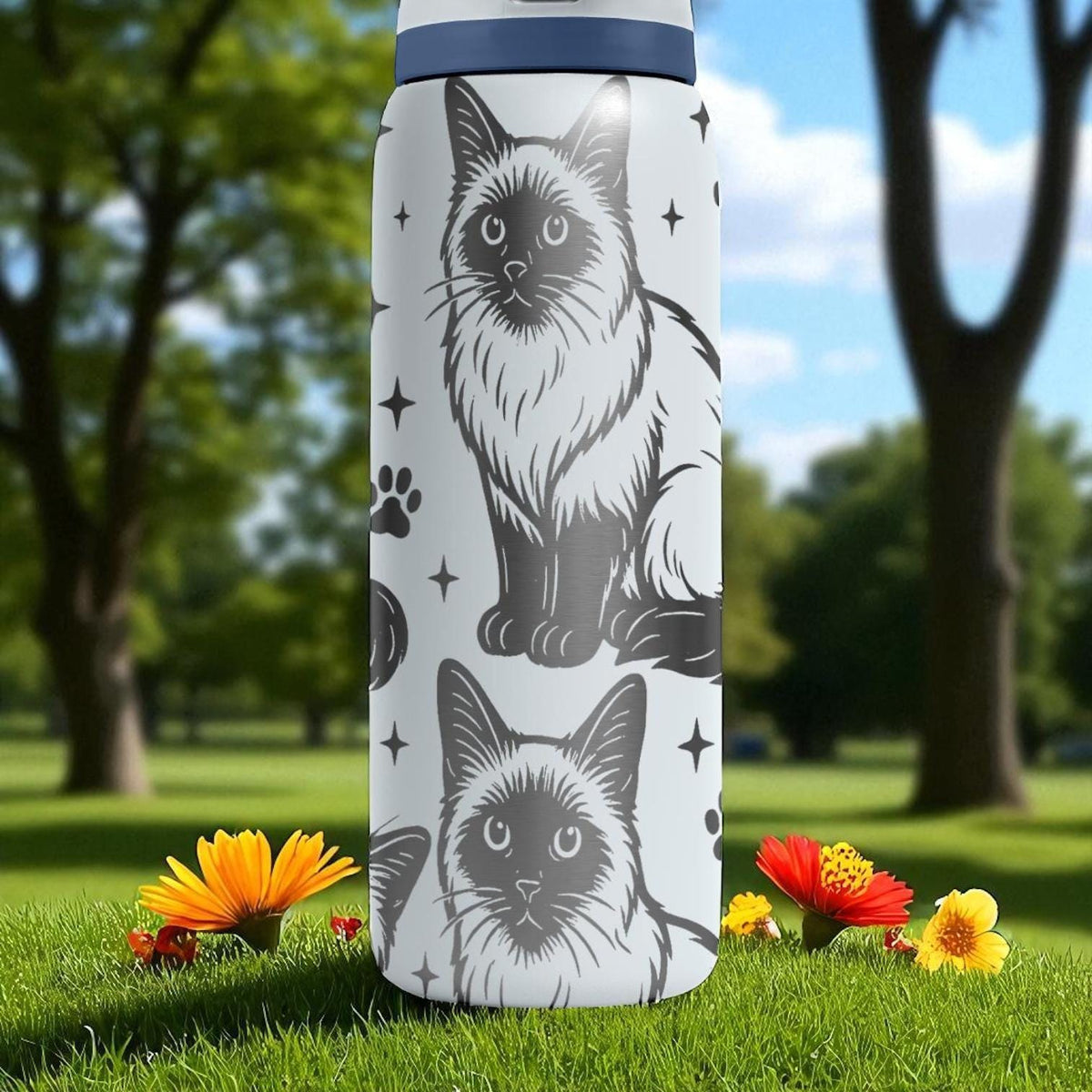Sacred Birman Cat Engraved Owala Bottle – 16oz 24oz 32oz 40oz White Tumbler for Cat Lovers – Cute Pet Gift for Her