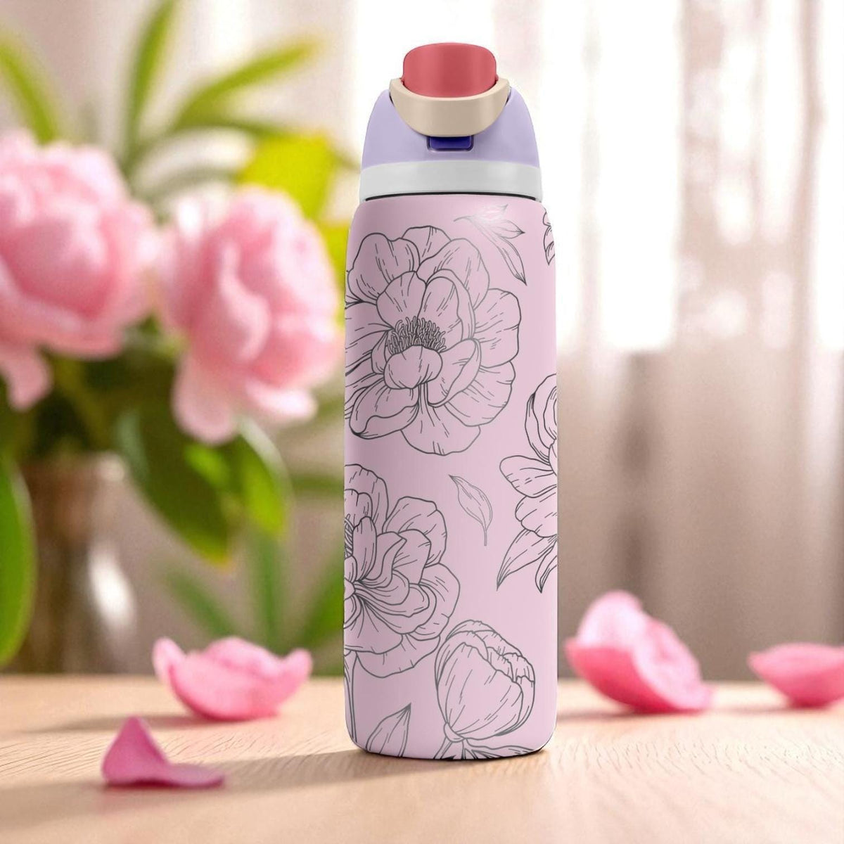 Pink Peony Engraved Owala Tumbler – 16oz 24oz 32oz 40oz Floral Water Bottle – Elegant Gift for Her or Garden Lovers