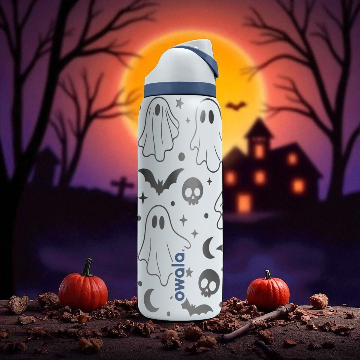 Ghost Owala Bottle – Engraved Halloween Wrap Design – Stainless Steel Cup 16oz 24oz 32oz 40oz