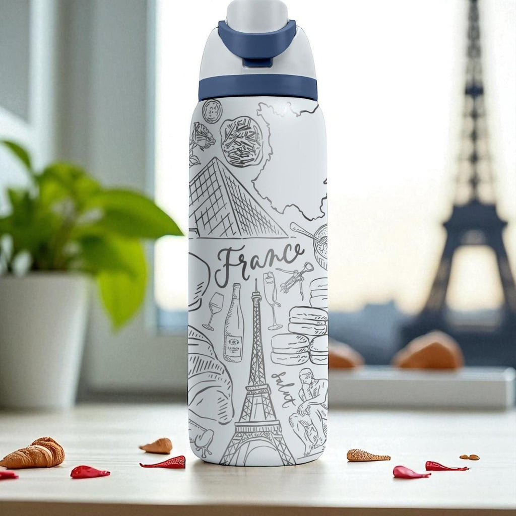 France Inspired Owala Tumbler – 16oz 24oz 32oz 40oz Travel Bottle with Eiffel Tower, Baguette, Macarons – Engraved Paris Gift Idea