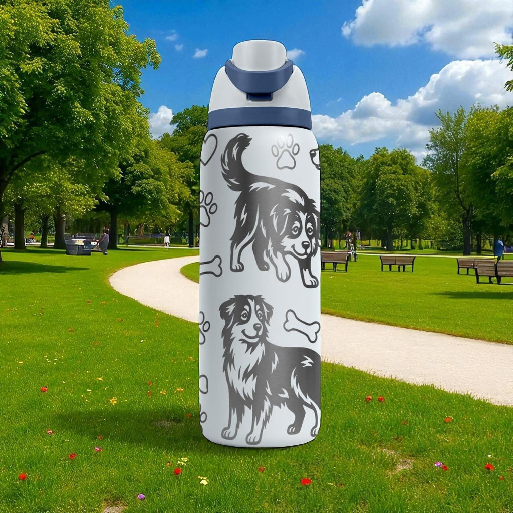 Australian Shepherd Engraved Owala Bottle – Cute Dog Gift with Paws and Bones – 16oz 24oz 32oz 40oz Water Bottle for Aussie Lovers