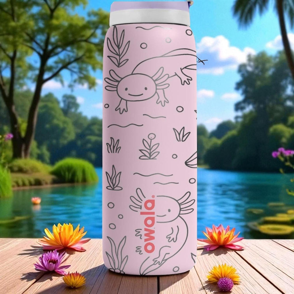 Engraved Axolotl Owala Bottle – Cute Pink Underwater Tumbler with Plants and Bubbles – 16oz 24oz 32oz 40oz