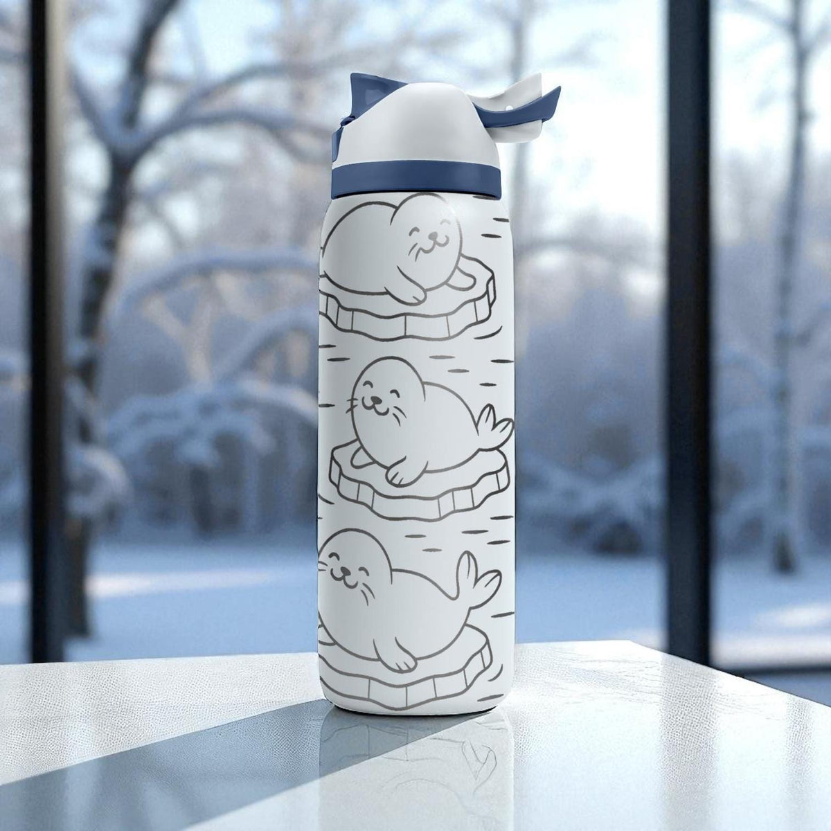 Cute Seal Owala Tumbler – 16oz 24oz 32oz 40oz Engraved Water Bottle with Icy Arctic Seals on Icebergs – Winter Animal Gift