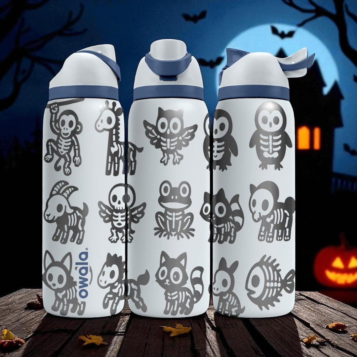 Skeleton Animals Owala Bottle – Engraved Spooky Wrap Design – Stainless Steel Cup 16oz 24oz 32oz 40oz