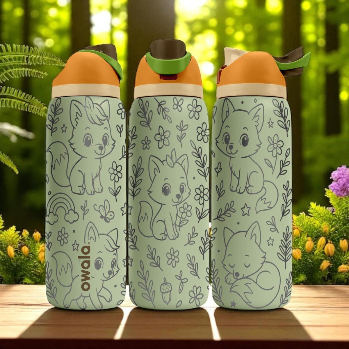 Fox Forest Owala Bottle – 16oz 24oz 32oz 40oz Engraved Cute Animal Cup – Woodland Themed Gift – Kids Wildlife Adventure Drinkware