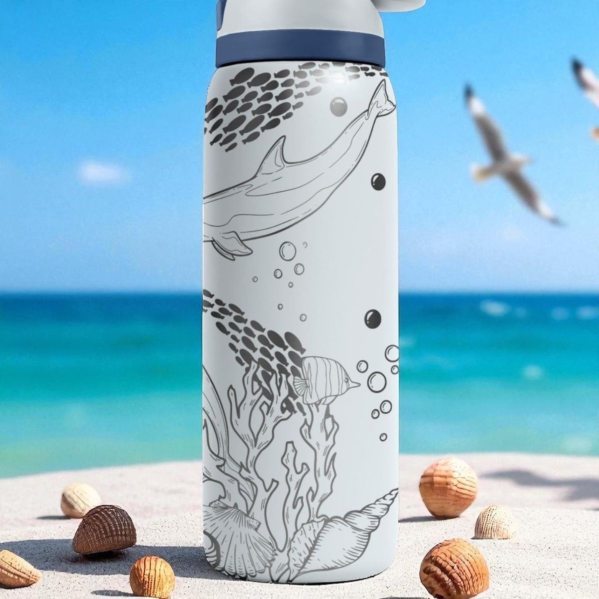 Ocean Dolphin Tumbler – 16oz 24oz 32oz 40oz Custom Engraved Owala FreeSip Bottle – Sea Life Gift for Beach Lovers
