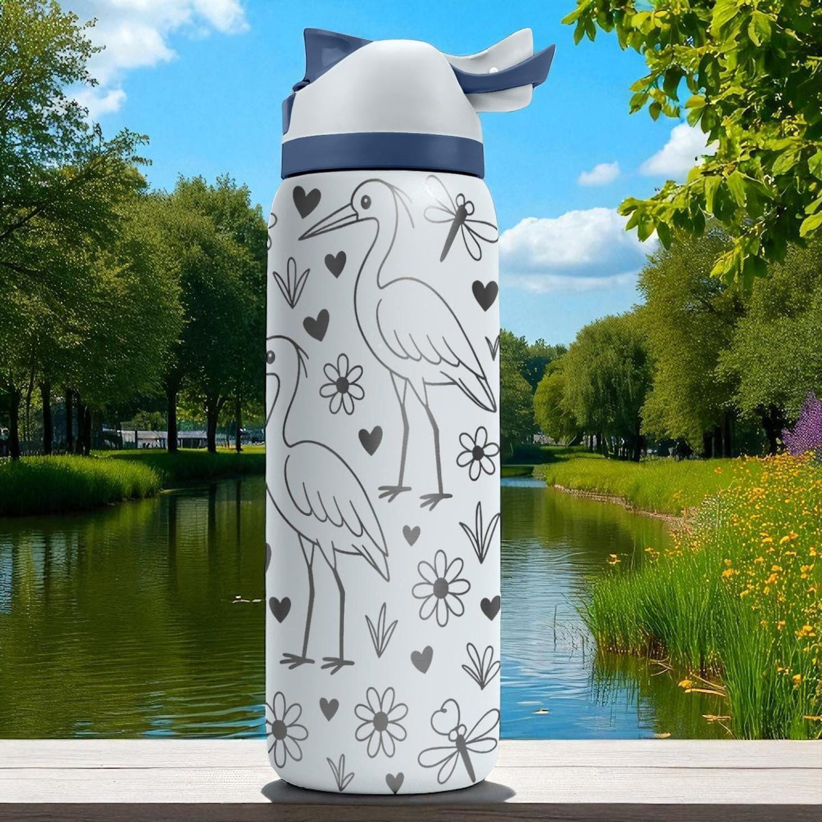 Engraved Heron Water Bottle – Elegant Owala Tumbler with Flowers and Dragonflies – 16oz 24oz 32oz 40oz Nature Lover Gift