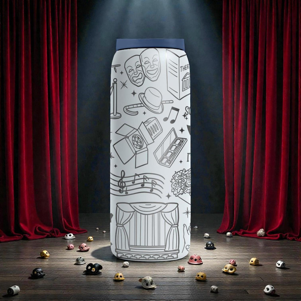 Theatre Engraved Owala Bottle – Drama Masks, Stage Props & Musical Icons – Performer Gift Stainless Cup 16oz 24oz 32oz 40oz  ⸻