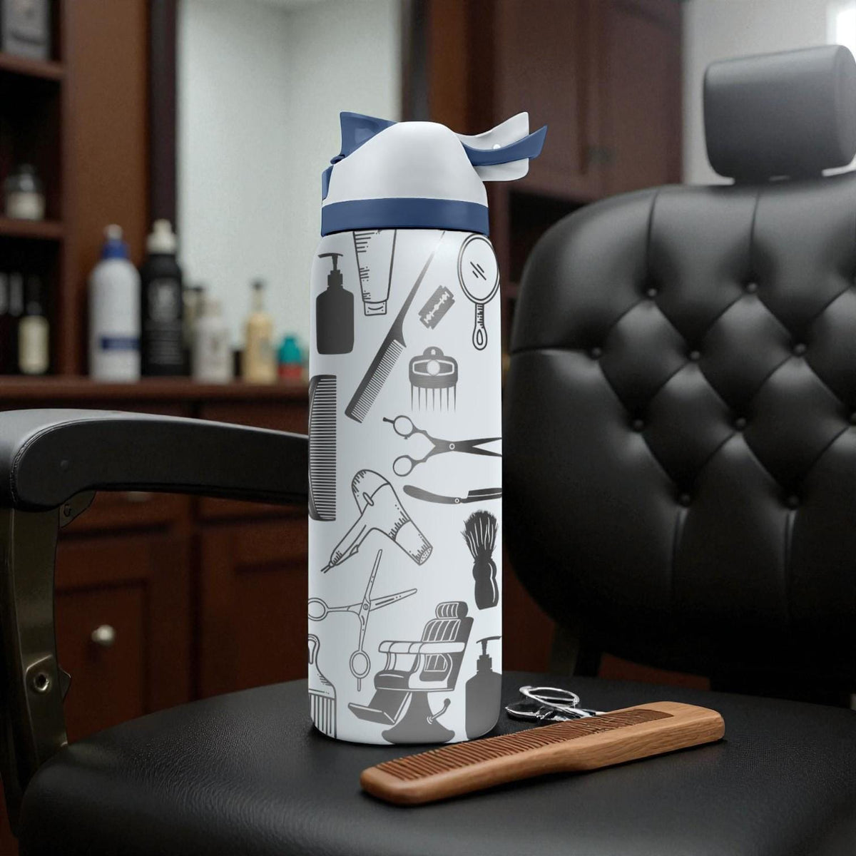 Barber Tools Engraved Owala Bottle – Barber Shop Pattern – Hair Stylist Gift – Stainless Steel Cup 16oz 24oz 32oz 40oz  ⸻