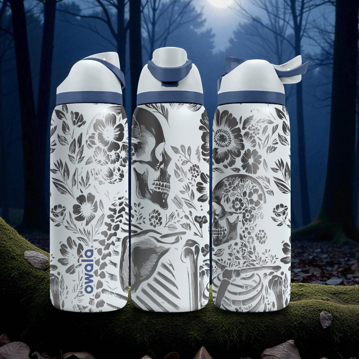 Floral Skeleton Engraved Owala Bottle – Botanical Skull Art – Gothic Aesthetic Stainless Cup 16oz 24oz 32oz 40oz  ⸻