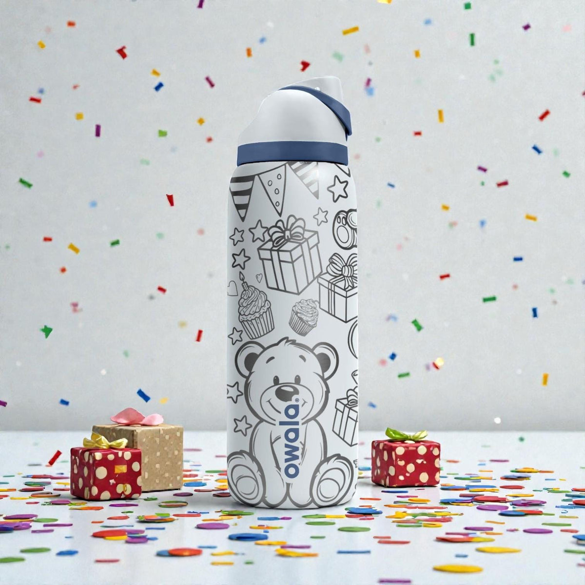 Birthday Engraved Owala Bottle – Teddy Bear, Cupcake and Party Pattern – Celebration Gift Stainless Steel Cup 16oz 24oz 32oz 40oz  ⸻