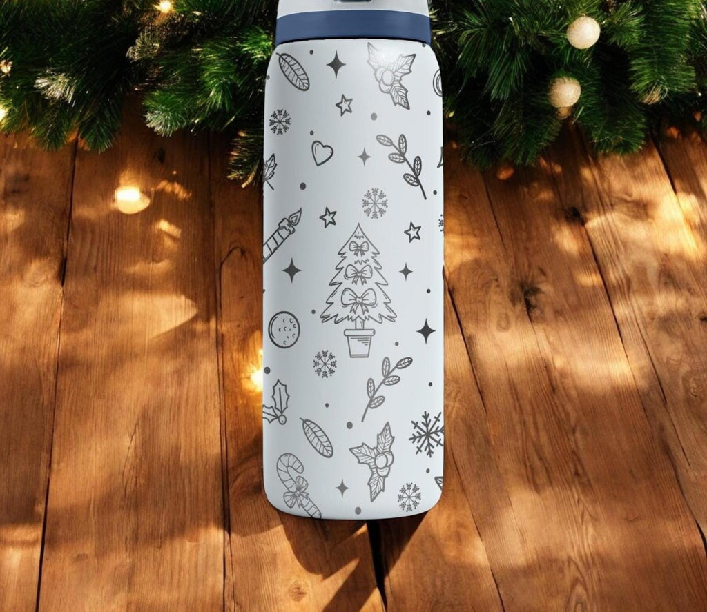Christmas Tree Engraved Owala Bottle – Cozy Holiday Pattern with Gifts and Snowflakes – Winter Gift Stainless Cup 16oz 24oz 32oz 40oz