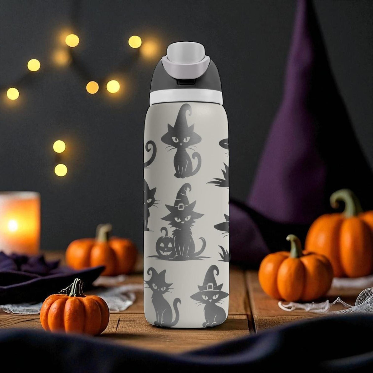 Halloween Cat Owala Bottle – Laser Engraved Black Witch Cat Water Bottle – Spooky Custom Gift for Kids and Cat Lovers 16oz 24oz 32oz 40oz