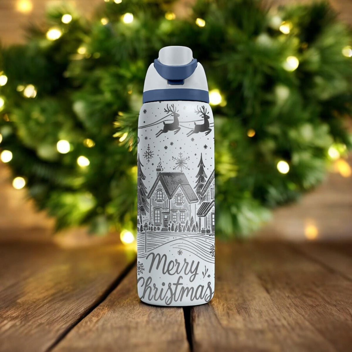 Merry Christmas Engraved Owala Bottle – Santa Sleigh Winter Village Design – Holiday Stainless Steel Cup 16oz 24oz 32oz 40oz
