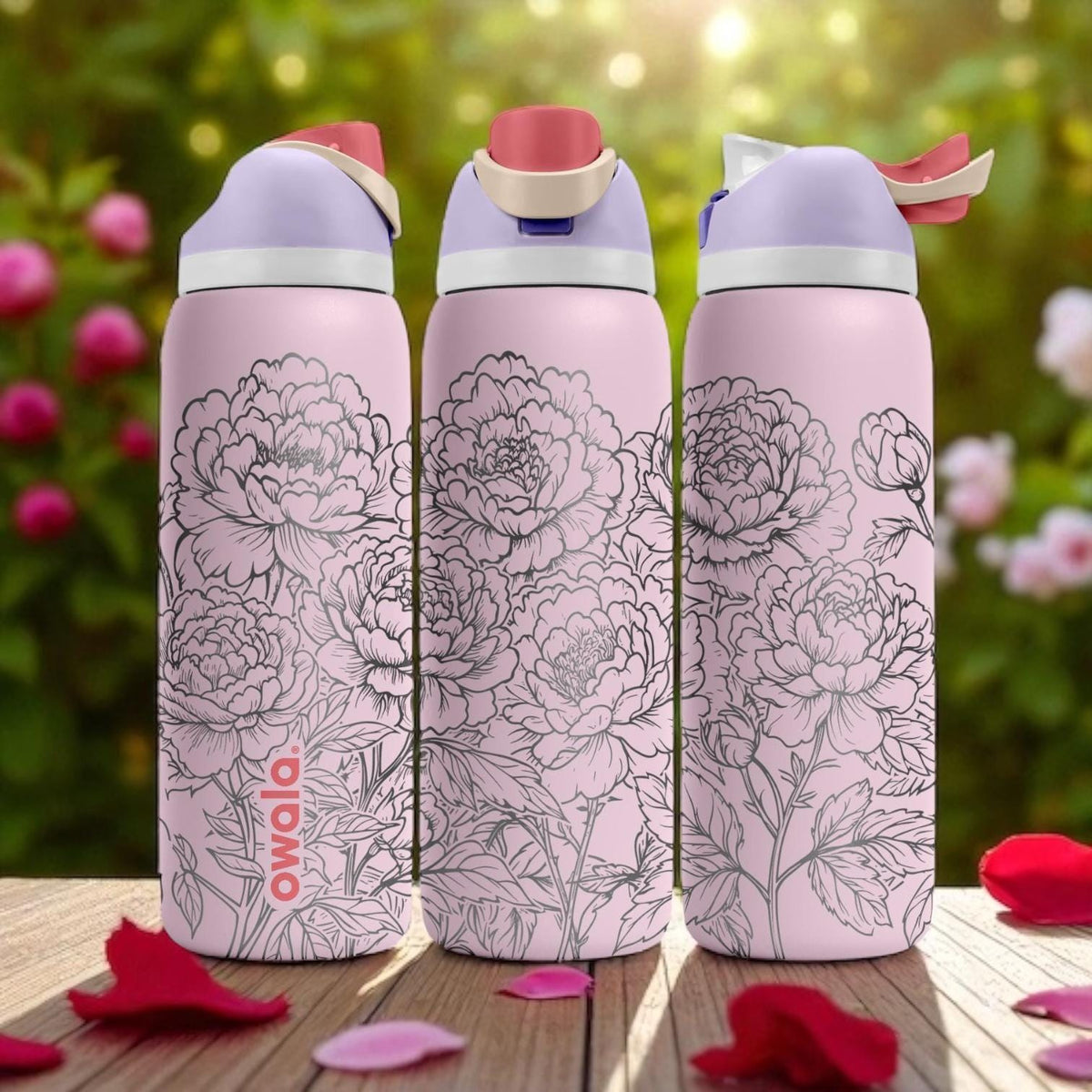 Peony Flower Engraved Owala Tumbler – 16oz 24oz 32oz 40oz Pink Floral Cup – Elegant Gift for Her – Aesthetic Stainless Steel Bottle