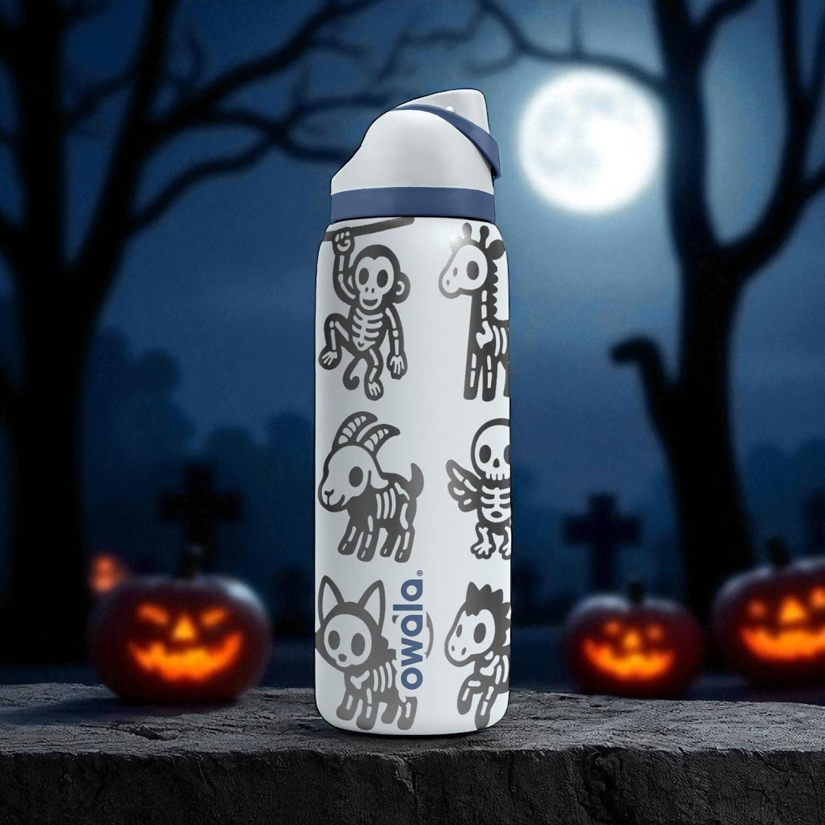 Skeleton Animals Owala Bottle – Engraved Spooky Wrap Design – Stainless Steel Cup 16oz 24oz 32oz 40oz
