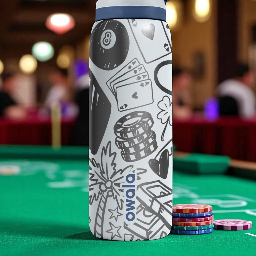 Engraved Vegas Tumbler – Owala Water Bottle with Casino Design – Dice and Slot Machine Art – 16oz 24oz 32oz 40oz