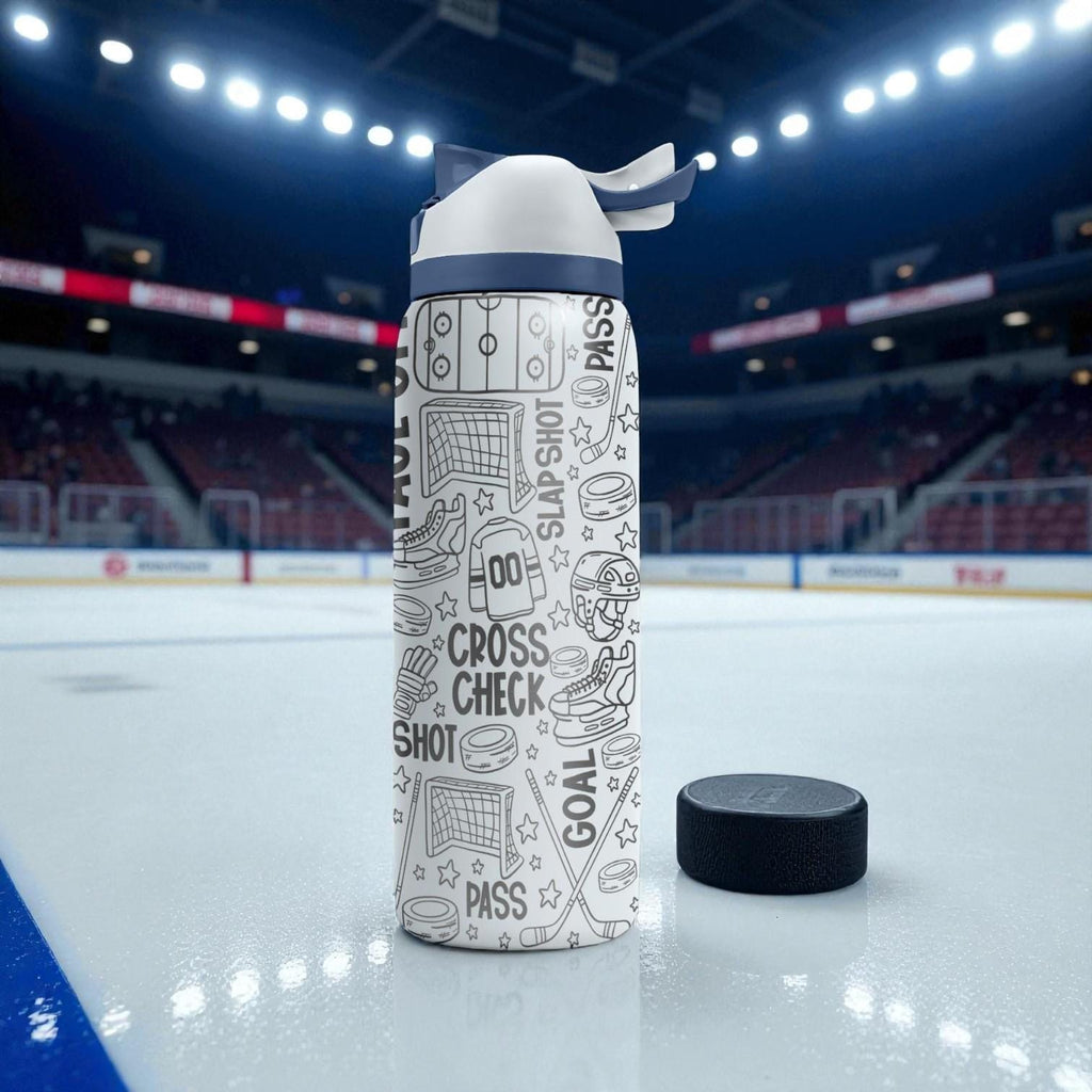 Hockey Engraved Owala Bottle – Slap Shot & Ice Rink Pattern – Player Coach Gift Stainless Cup 16oz 24oz 32oz 40oz  ⸻