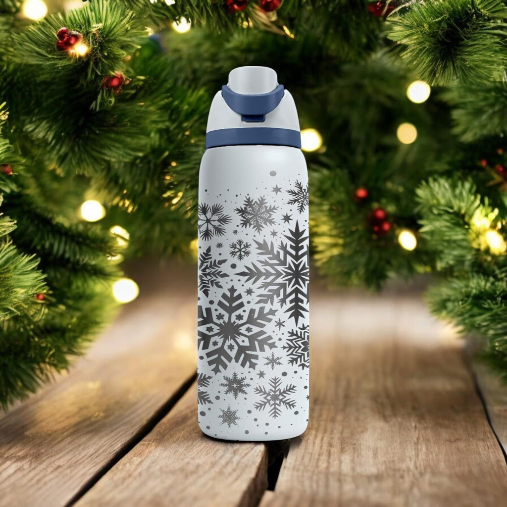 Minimal Snowflakes Engraved Owala Bottle – Winter Pattern Stainless Steel Cup – Elegant Christmas Gift 16oz 24oz 32oz 40oz