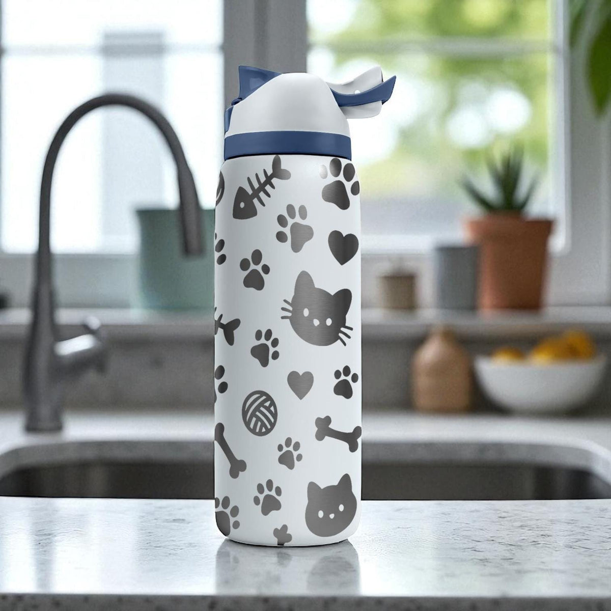 Cat Lover Owala Bottle – Engraved Cute Kitty and Paw Print Water Bottle – Gift for Pet Owners and Cat Moms 16oz 24oz 32oz 40oz