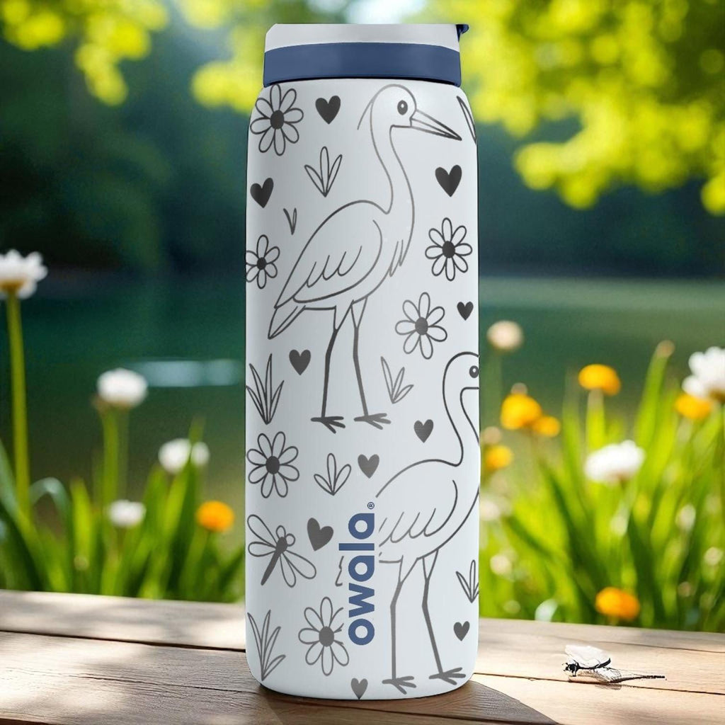 Engraved Heron Water Bottle – Elegant Owala Tumbler with Flowers and Dragonflies – 16oz 24oz 32oz 40oz Nature Lover Gift