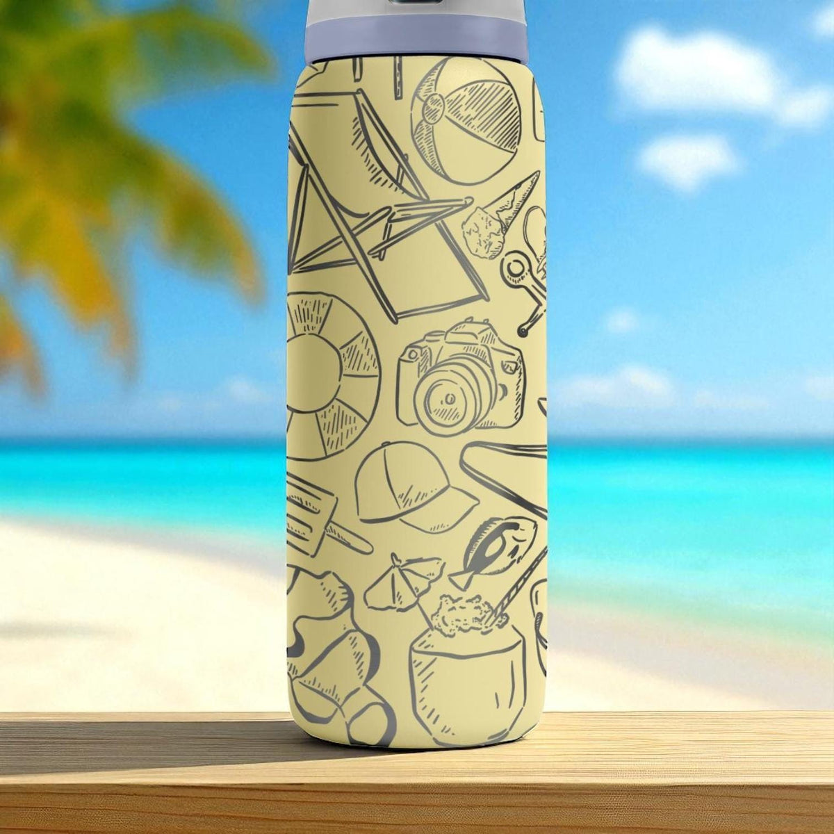 Beach Day Owala Bottle – 16oz 24oz 32oz 40oz Engraved Summer Icons Water Bottle – Sandals Shells Coconut Gift – Tropical Vacation Cup