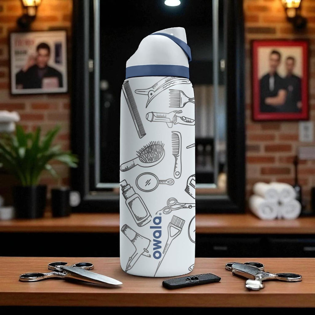 Barber Theme Engraved Tumbler – 16oz 24oz 32oz 40oz – Hair Stylist Gift Bottle – Owala Cup with Scissors, Brushes and Clippers