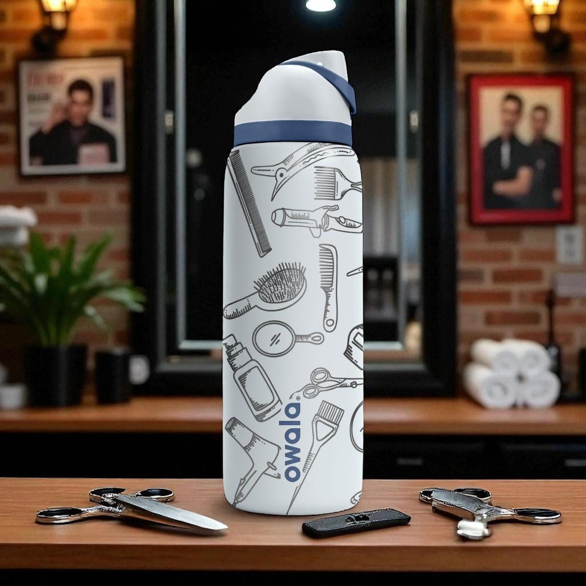 Barber Theme Engraved Tumbler – 16oz 24oz 32oz 40oz – Hair Stylist Gift Bottle – Owala Cup with Scissors, Brushes and Clippers