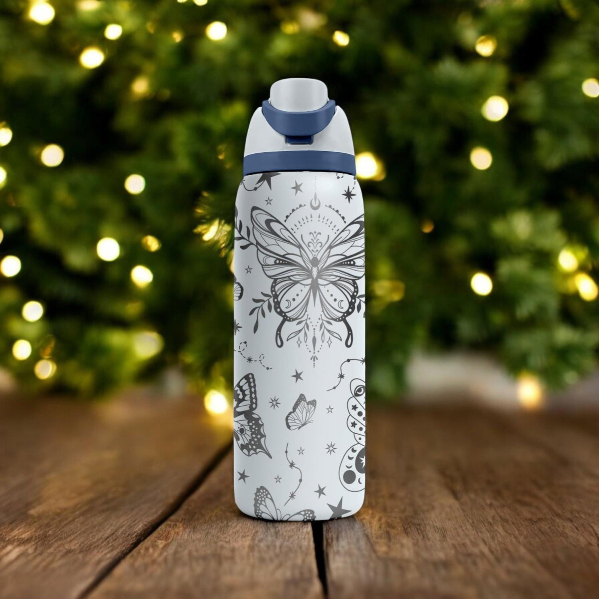 Butterflies Engraved Owala Bottle – Elegant Floral and Star Pattern – Magical Holiday Gift Stainless Cup 16oz 24oz 32oz 40oz
