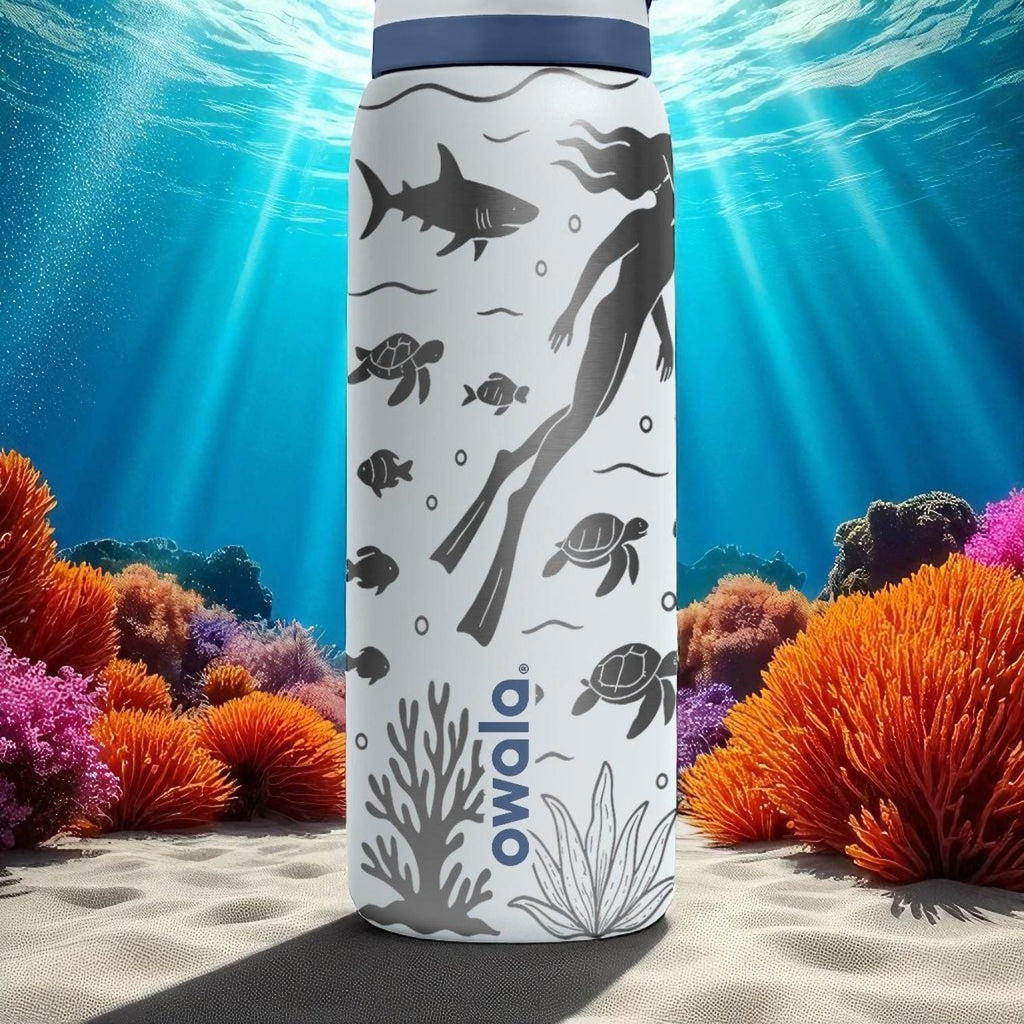 Engraved Scuba Diving Water Bottle – Owala Tumbler with Divers, Sharks, and Turtles – 16oz 24oz 32oz 40oz Gift for Ocean Lovers