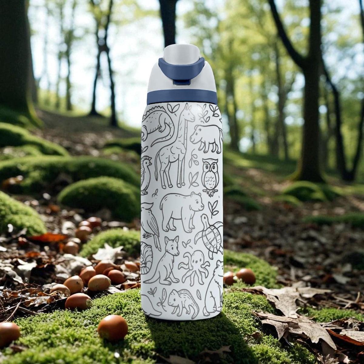 Wildlife Engraved Owala Bottle – Forest Animal Wrap Design – Stainless Steel Cup 16oz 24oz 32oz 40oz