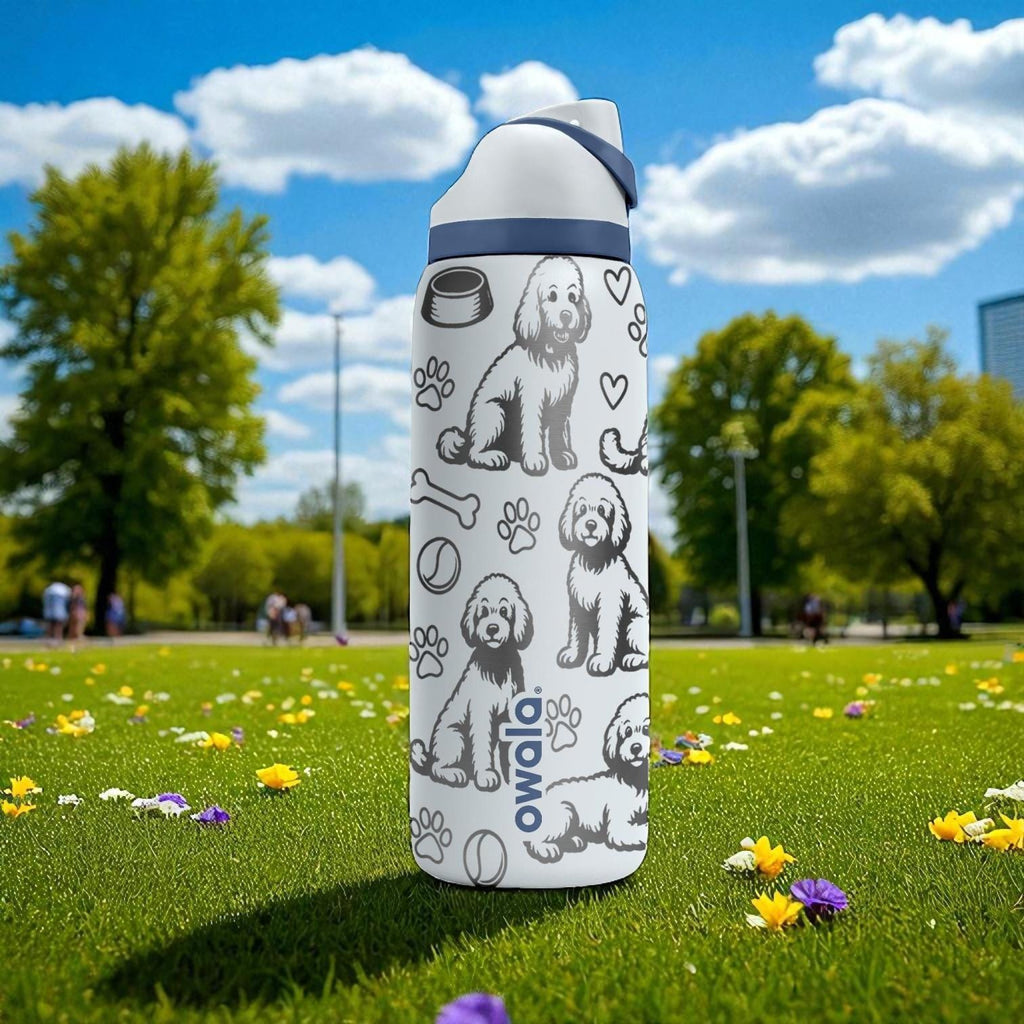 Cute Labradoodle Engraved Owala Bottle – Fluffy Dog Tumbler with Hearts and Paws – 16oz 24oz 32oz 40oz Pet Gift Idea