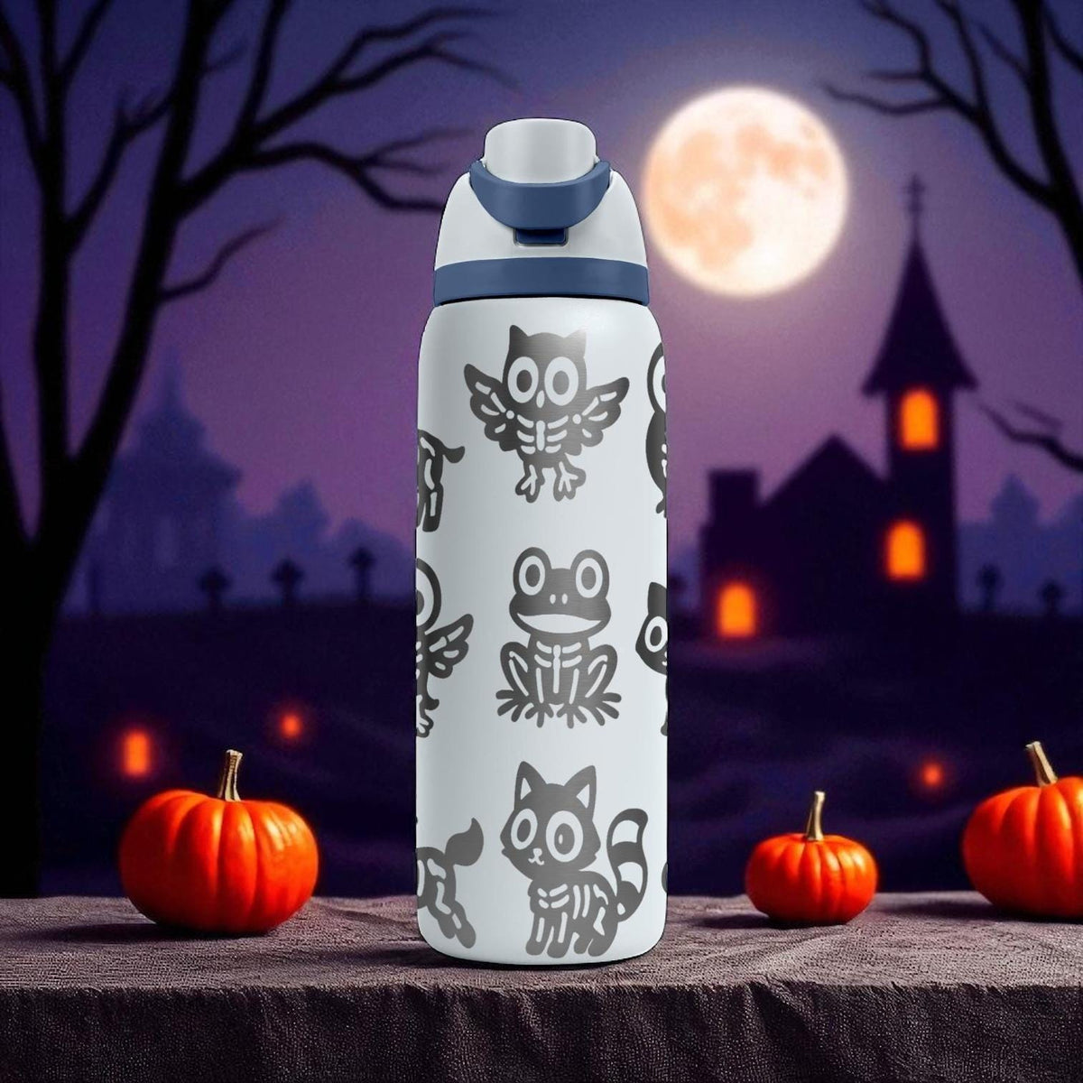 Skeleton Animals Owala Bottle – Engraved Spooky Wrap Design – Stainless Steel Cup 16oz 24oz 32oz 40oz