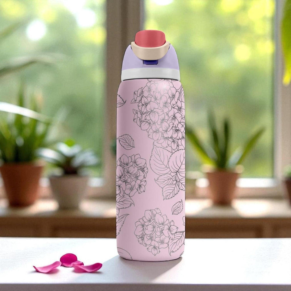 Engraved Hydrangea Tumbler – Pink Floral Owala Bottle – Laser Etched Water Cup – Elegant Gift – 16oz 24oz 32oz 40oz
