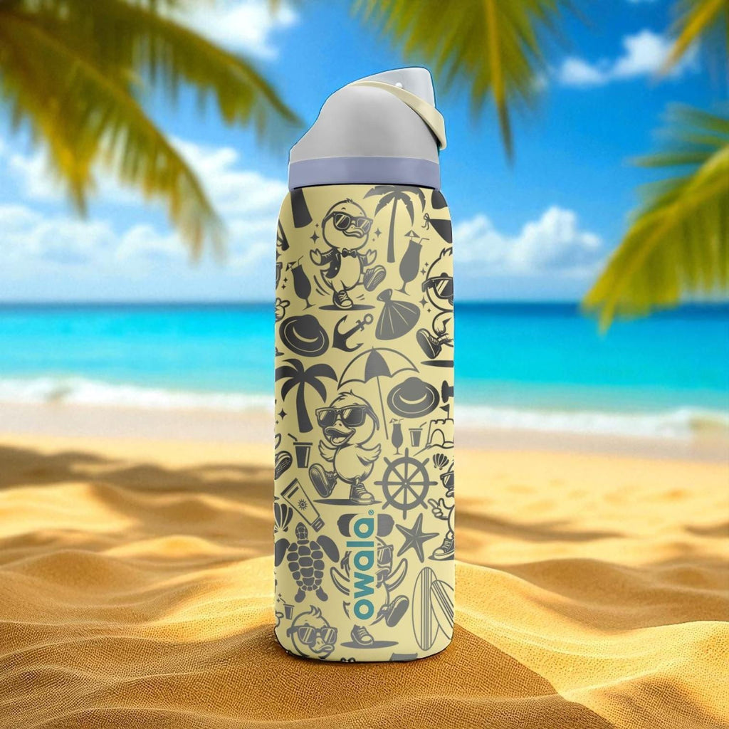 Engraved Duck Beach Tumbler – Summer Vibes Owala Bottle with Cute Duck Design – Fun Sand Color Cup – 16oz 24oz 32oz 40oz