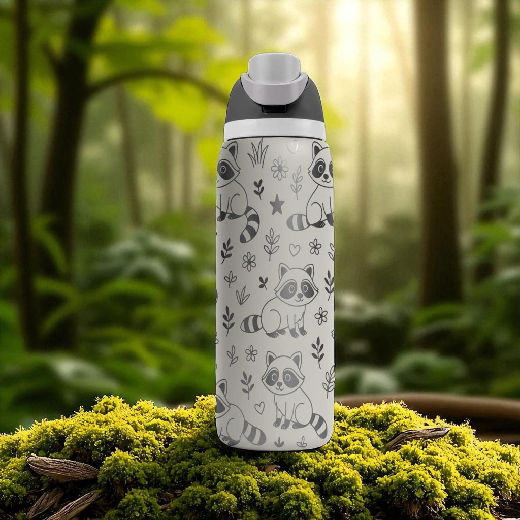 Engraved Raccoon Water Bottle – Owala Tumbler with Cute Forest Raccoons and Flowers – 16oz 24oz 32oz 40oz Animal Lover Gift