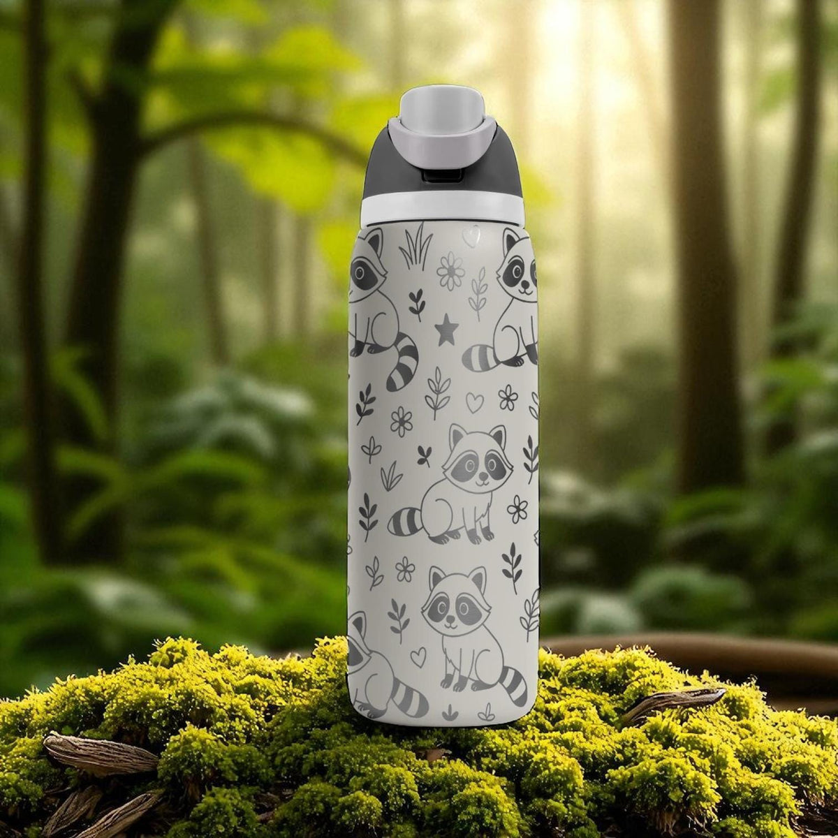 Engraved Raccoon Water Bottle – Owala Tumbler with Cute Forest Raccoons and Flowers – 16oz 24oz 32oz 40oz Animal Lover Gift