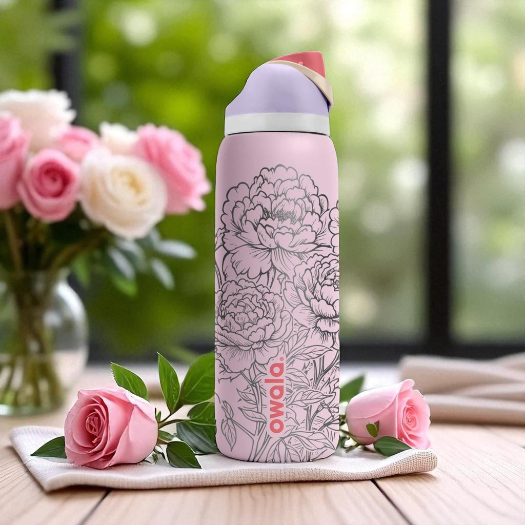 Peony Flower Engraved Owala Tumbler – 16oz 24oz 32oz 40oz Pink Floral Cup – Elegant Gift for Her – Aesthetic Stainless Steel Bottle