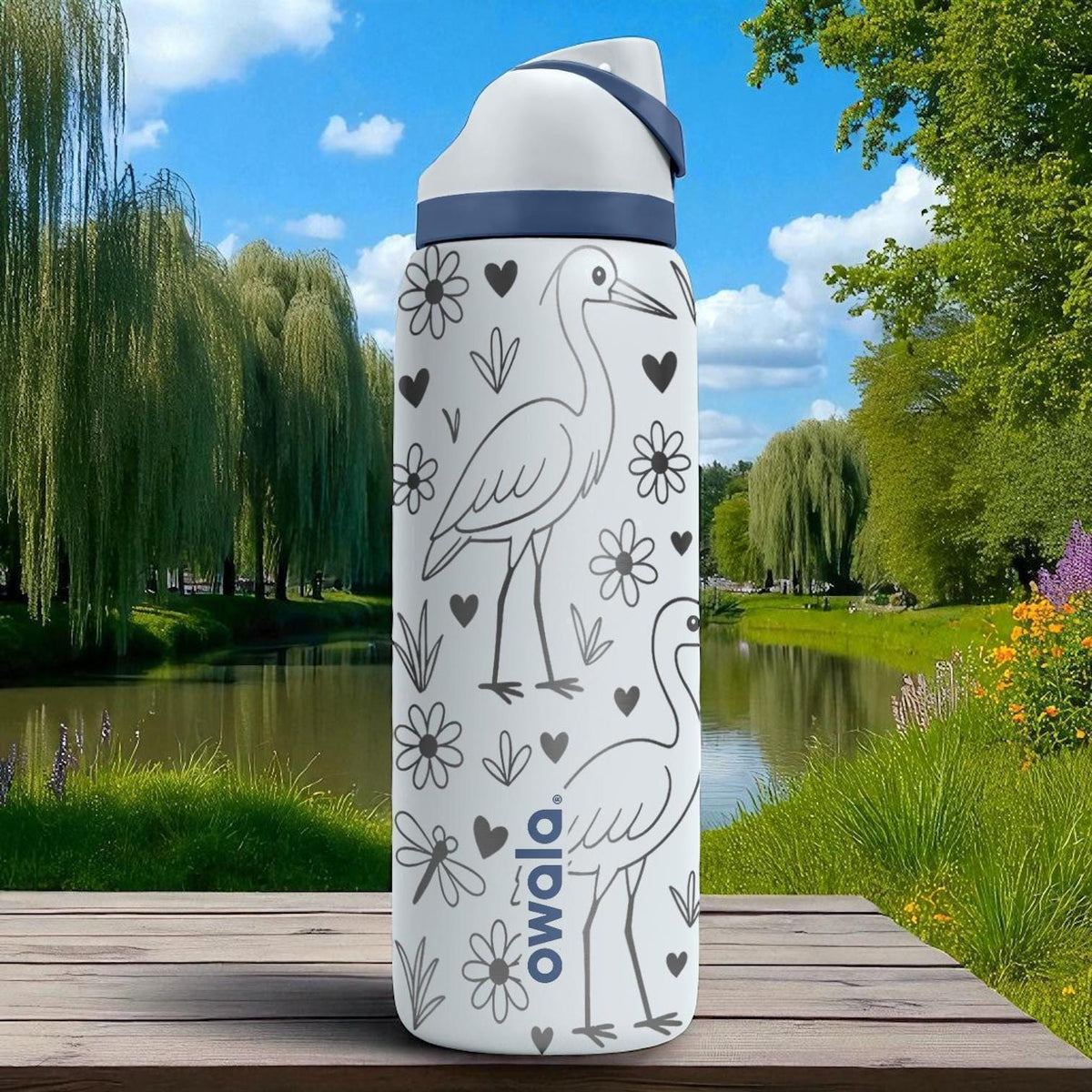 Engraved Heron Water Bottle – Elegant Owala Tumbler with Flowers and Dragonflies – 16oz 24oz 32oz 40oz Nature Lover Gift