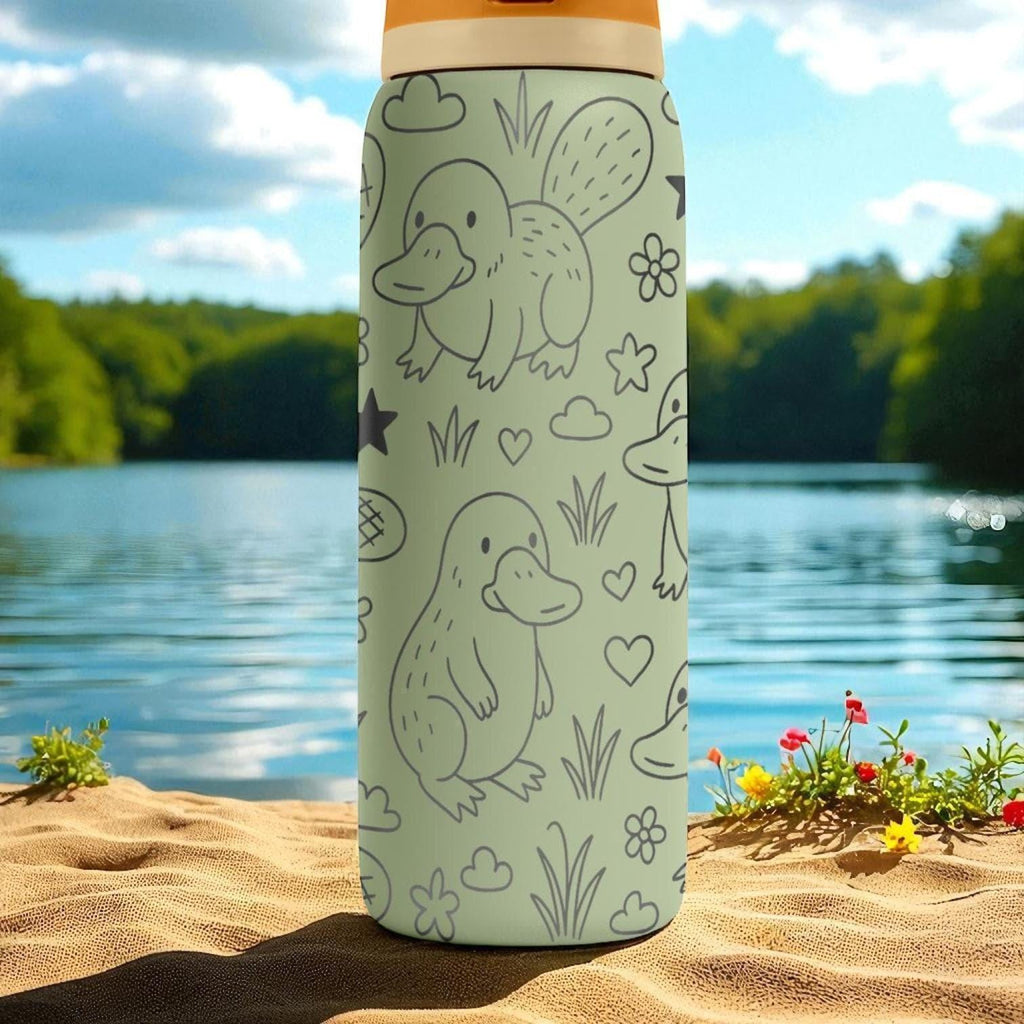 Engraved Platypus Water Bottle – Cute Owala Tumbler with Flowers and Stars – 16oz 24oz 32oz 40oz Gift for Animal and Nature Lovers
